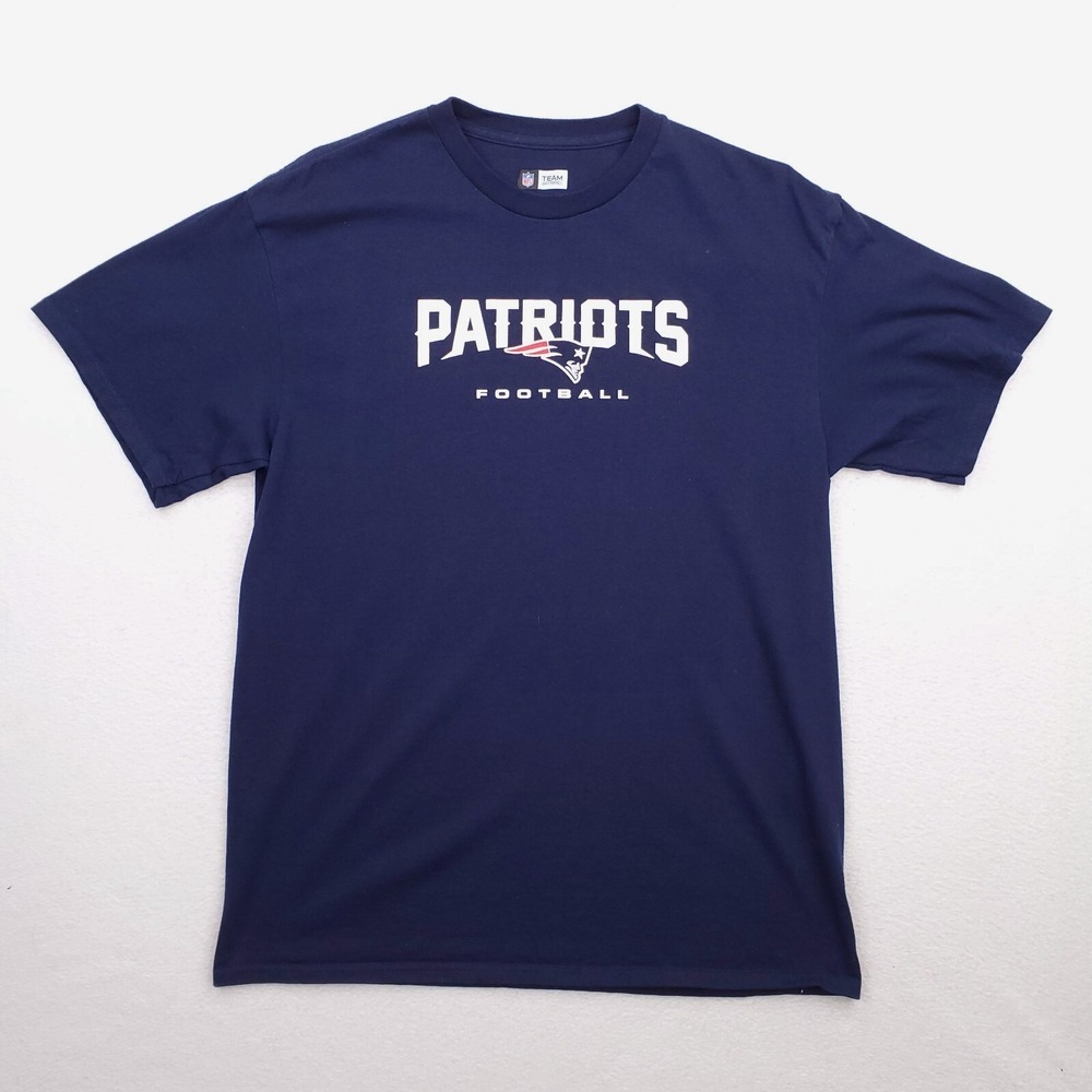 New England Patriots Shirt Mens Large Blue Spellout Logo Football NFL